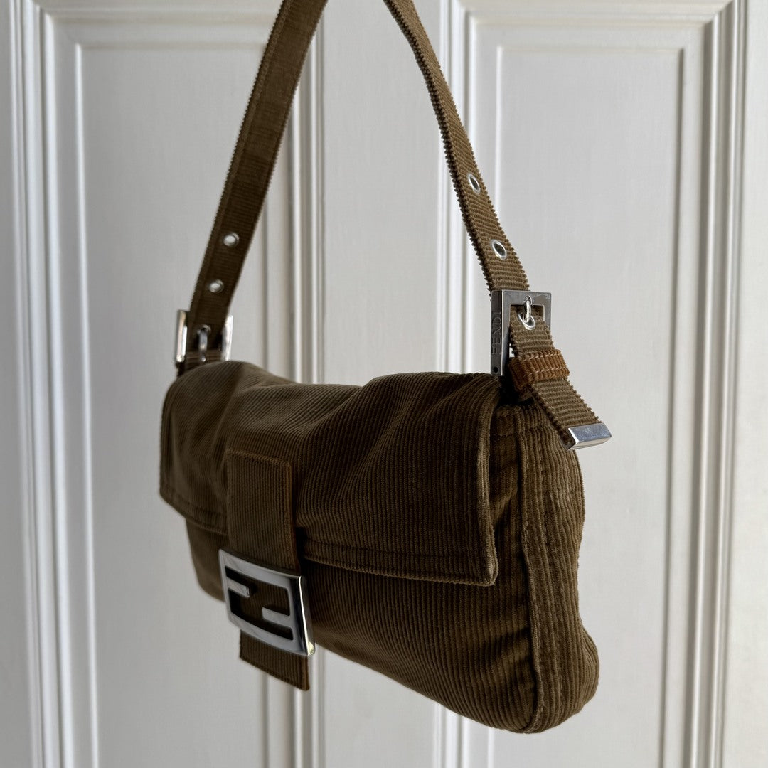 Fendi Mamma Baguette Corduroy Brown Shoulder Bag