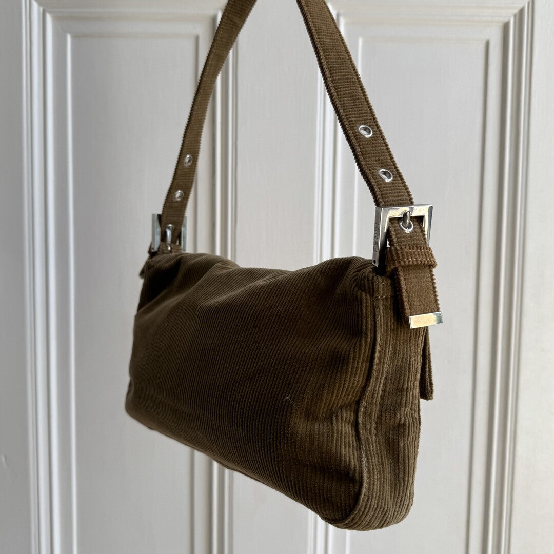 Fendi Mamma Baguette Corduroy Brown Shoulder Bag