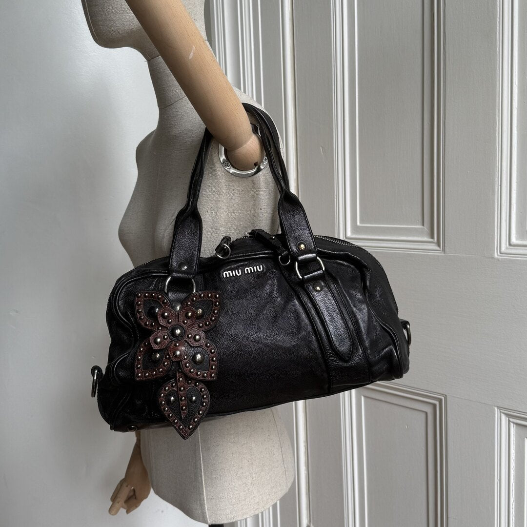 Archive Miu Miu Black Leather Flower Shoulder Bag