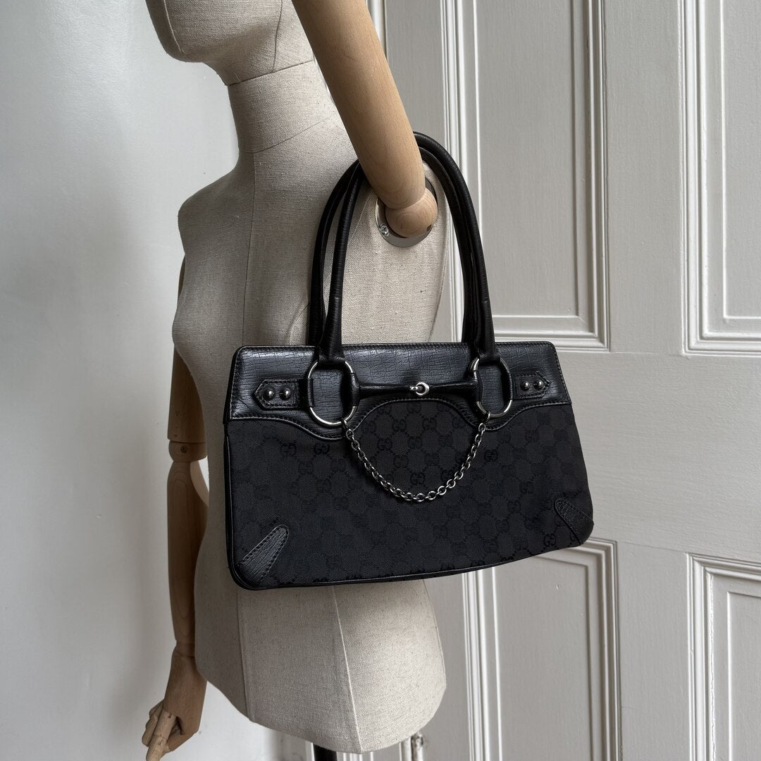 Gucci GG Canvas Horsebit Black Shoulder Bag