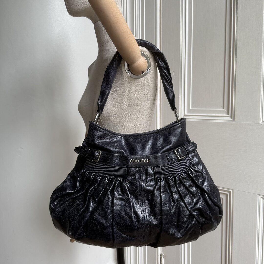 Miu Miu Crinkled Hobo Leather Dark Purple Shoulder Bag