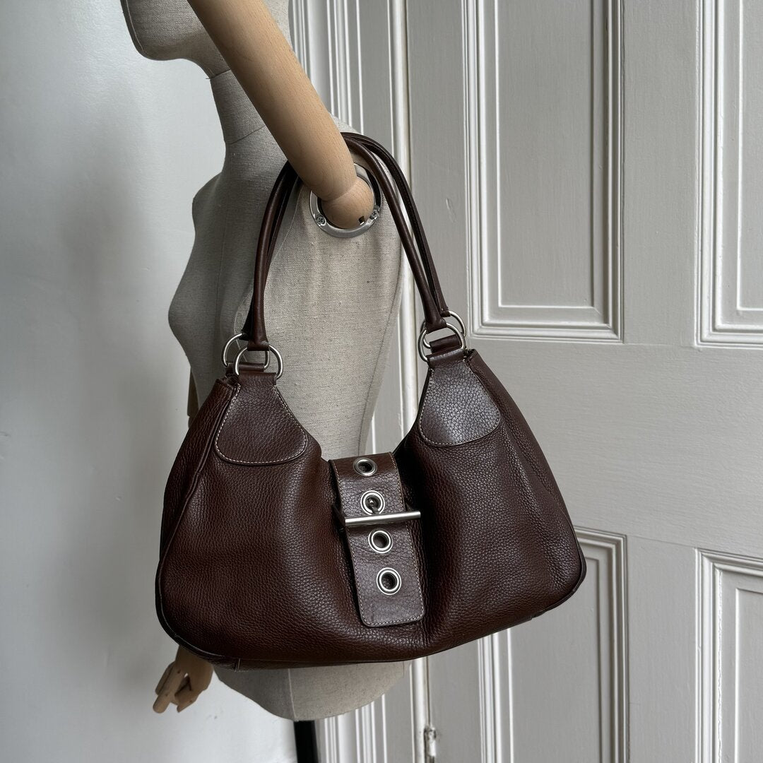 2002 Prada Moon Leather Brown Shoulder Bag