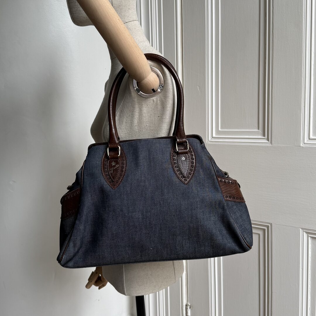 Fendi Blue Denim Du Jour Leather Brown Shoulder Bag