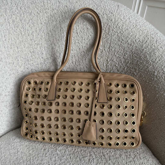Prada Grommet Bauletto Beige Shoulder Bag