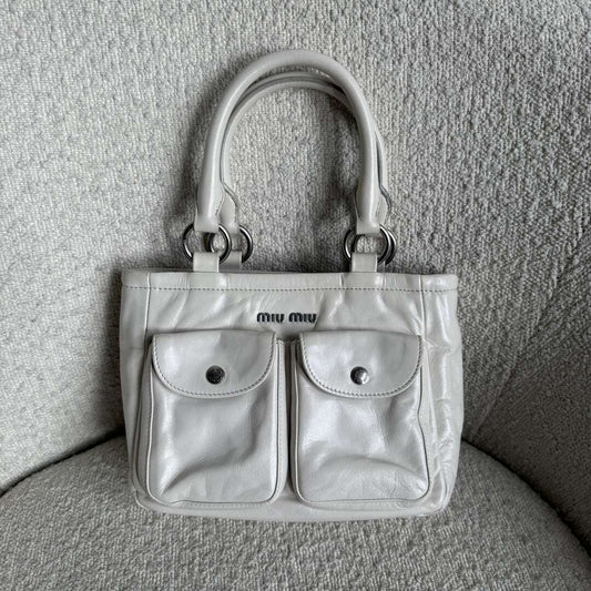 2021 Miu Miu Mini Shine Leather White Tote Bag
