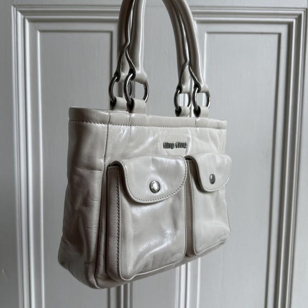 2021 Miu Miu Mini Shine Leather White Tote Bag