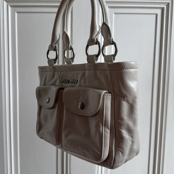2021 Miu Miu Mini Shine Leather White Tote Bag
